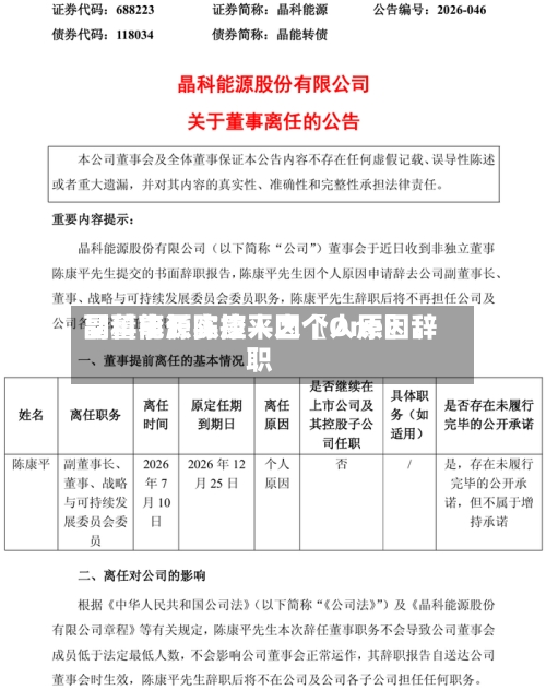 晶科能源实控人之〖One〗、副董事长陈康平因个人原因辞职-第2张图片