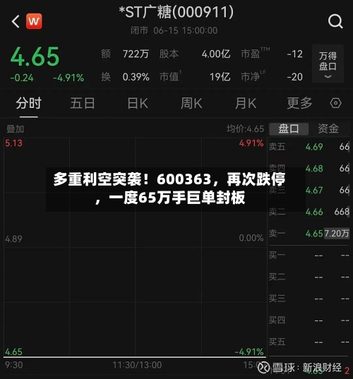 多重利空突袭！600363，再次跌停	，一度65万手巨单封板-第2张图片